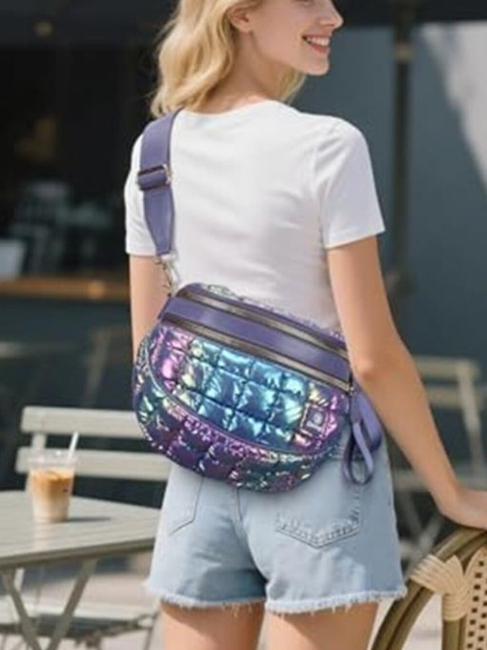 Purple Quilted Puffer Crossbody Bag Nylon Bum Sling Shoulder Purse